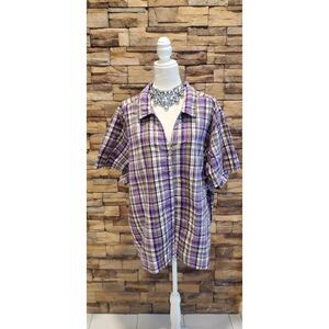 ERIKA BLOUSE PLAID BLOUSE PURPLE SHORT SLEEVE COTTON SIZE 5X